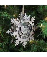 Northlight 6" Pre-Lit Brown and Gray Wooden Snowflake with Bird Christmas Ornament