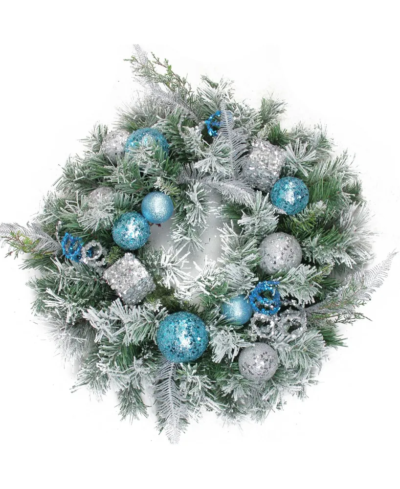 Northlight 24" Blue and Silver Sequin Ornaments Artificial Flocked Pine Christmas Wreath - Unlit