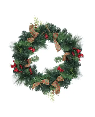 Northlight 24" Green Foliage Pinecones and Berries Wreath With Tartan Ribbon