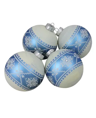 Northlight 4-Piece Set of Silver Glitter Nordic Patterned Glass Ball Christmas Ornaments4" 100mm