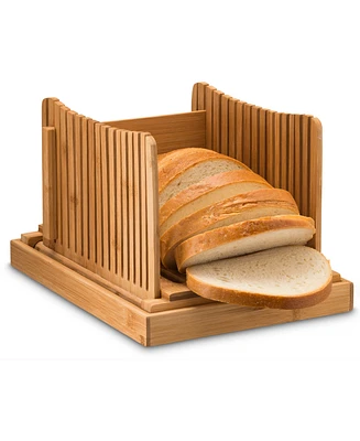 Bamboo Bread Slicer with Knife, 3 Slice Thickness, Foldable Compact Cutting Guide with Crumb Tray, Stainless Steel Bread Knife for Bread, Cake, Bagels