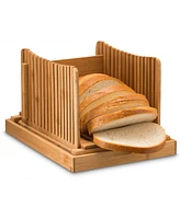 Bambusi Bamboo Bread Slicer with Knife, 3 Slice Thickness, Foldable Compact Cutting Guide with Crumb Tray, Stainless Steel Bread Knife for Bread, Cake