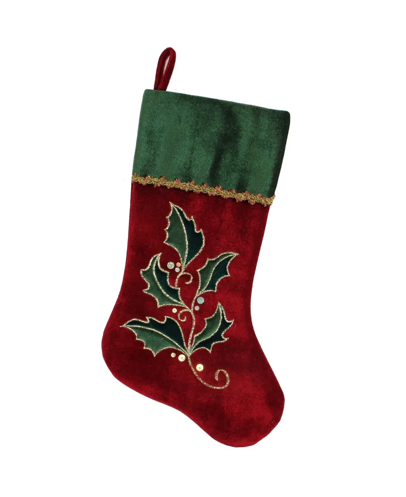 Northlight 21" Red and Green Holly Embroidered Velvet Christmas Stocking with Gold Metallic Trim