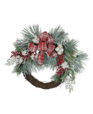 Northlight Plaid Glittered Cotton and Holly Berry Artificial Christmas Wreath - 24-Inch Unlit