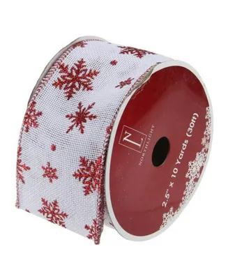 Northlight White and Red Snowflakes Burlap Wired Christmas Craft Ribbon 2.5" x 10 Yards