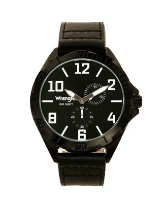 Wrangler Men's Watch, 48MM Ip Black Case with Black Sunray Dial, White Applied Arabic Markers, Rugged Texture Black Strap with Black Stitching, Multi