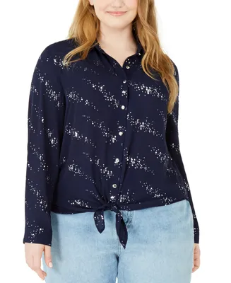 Ny Collection Plus Printed Button-Front Tie-Hem Top