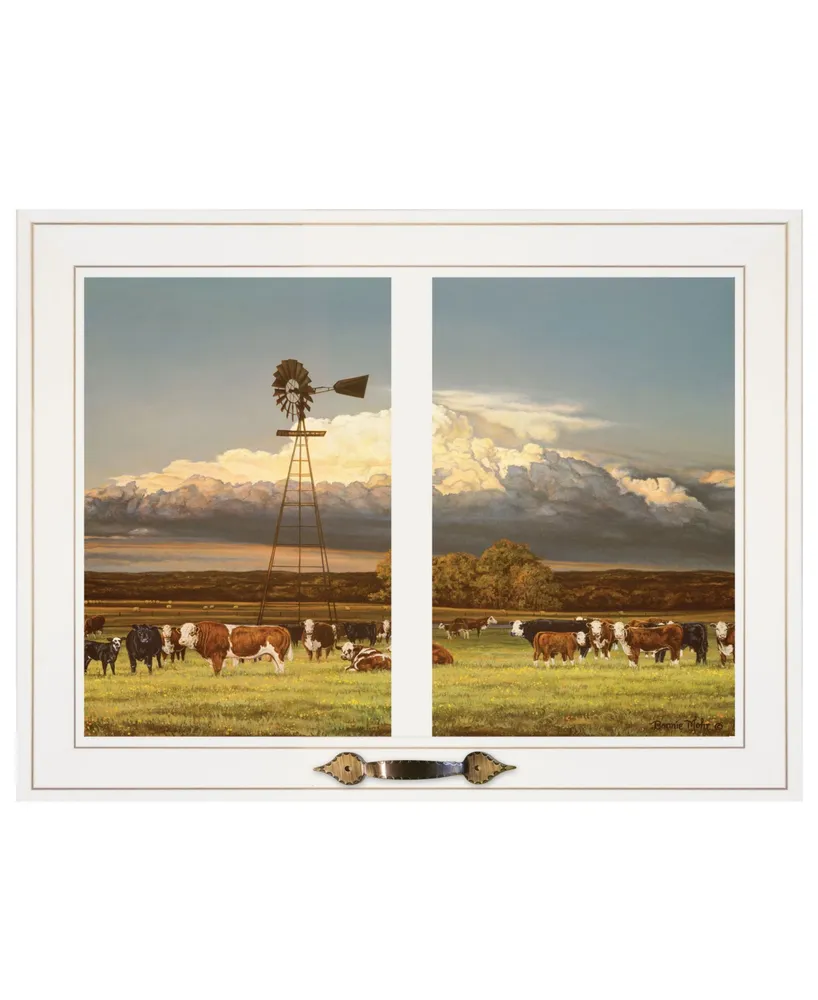 Trendy Decor 4U Summer Pastures Holstein cows with windmill by Bonnie Mohr, Ready to hang Framed Print, Window-Style Frame