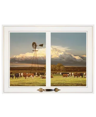 Trendy Decor 4U Summer Pastures Holstein cows with windmill by Bonnie Mohr, Ready to hang Framed Print, Window-Style Frame
