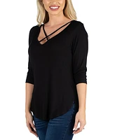 24Seven Comfort Apparel Women V Neck Three Quarter Sleeve Strappy Tunic Top