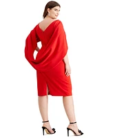 Betsy & Adam Plus Ruched Cape Dress