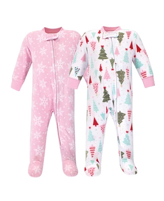 Hudson Baby Girls Fleece Zipper Sleep and Play 2pk, Sparkle Trees, 0-3 Months