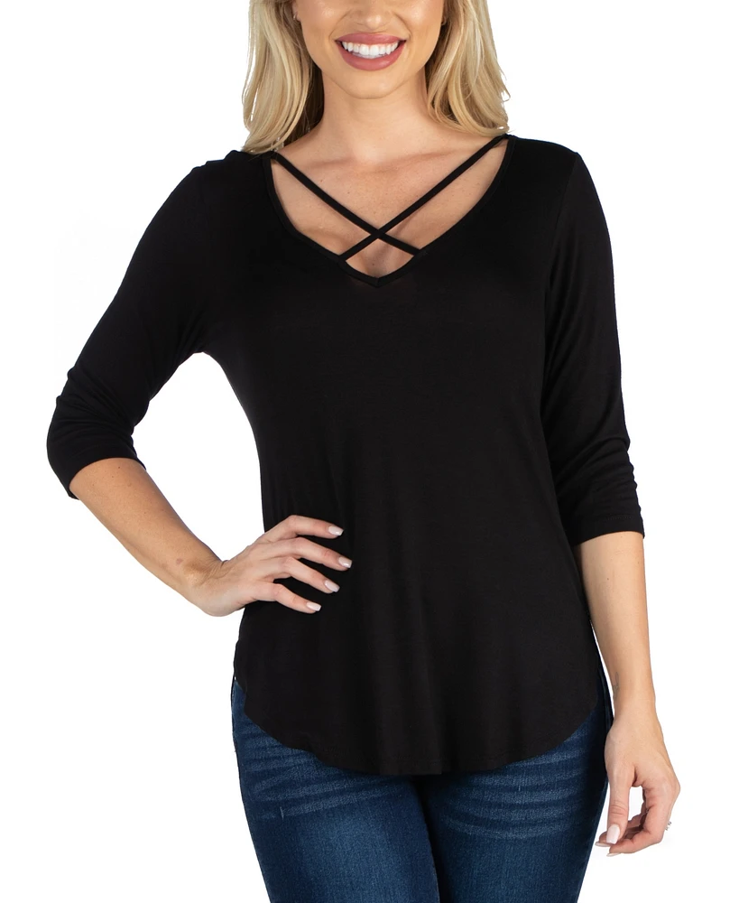 24Seven Comfort Apparel Women V Neck Three Quarter Sleeve Strappy Tunic Top