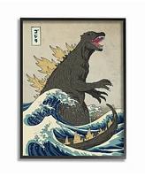 Stupell Industries Godzilla in The Waves Eastern Poster Style Illustration Framed Giclee Texturized Art, 16" L x 20" H