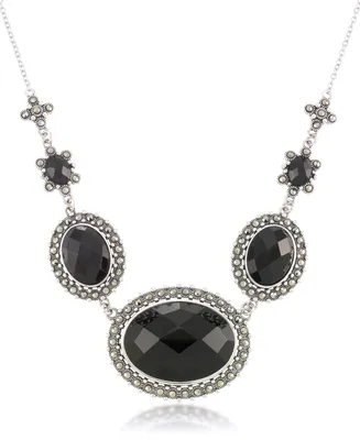 Marcasite and Faceted Onyx Oval Frontal 16"+2" Extender Necklace in Sterling Silver