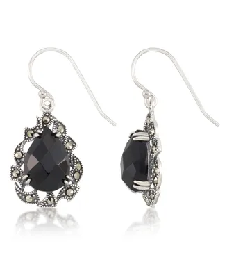 Marcasite and Faceted Onyx Teardrop Wire Earrings in Sterling Silver