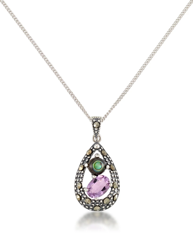Marcasite, Amethyst (7/8 ct. t.w.) and Abalone (1-1/2 ct. t.w.) Teardrop Pendant+18" Chain in Sterling Silver