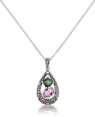 Marcasite, Amethyst (7/8 ct. t.w.) and Abalone (1-1/2 ct. t.w.) Teardrop Pendant+18" Chain in Sterling Silver