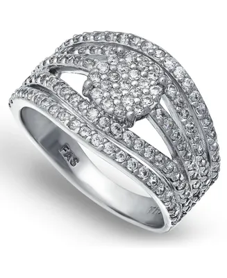 Cubic Zirconia Pave Multi Row Ring with Disc Center Silver Plate