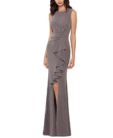 Betsy & Adam Women's Sleeveless Cascade-Front Glitter Gown