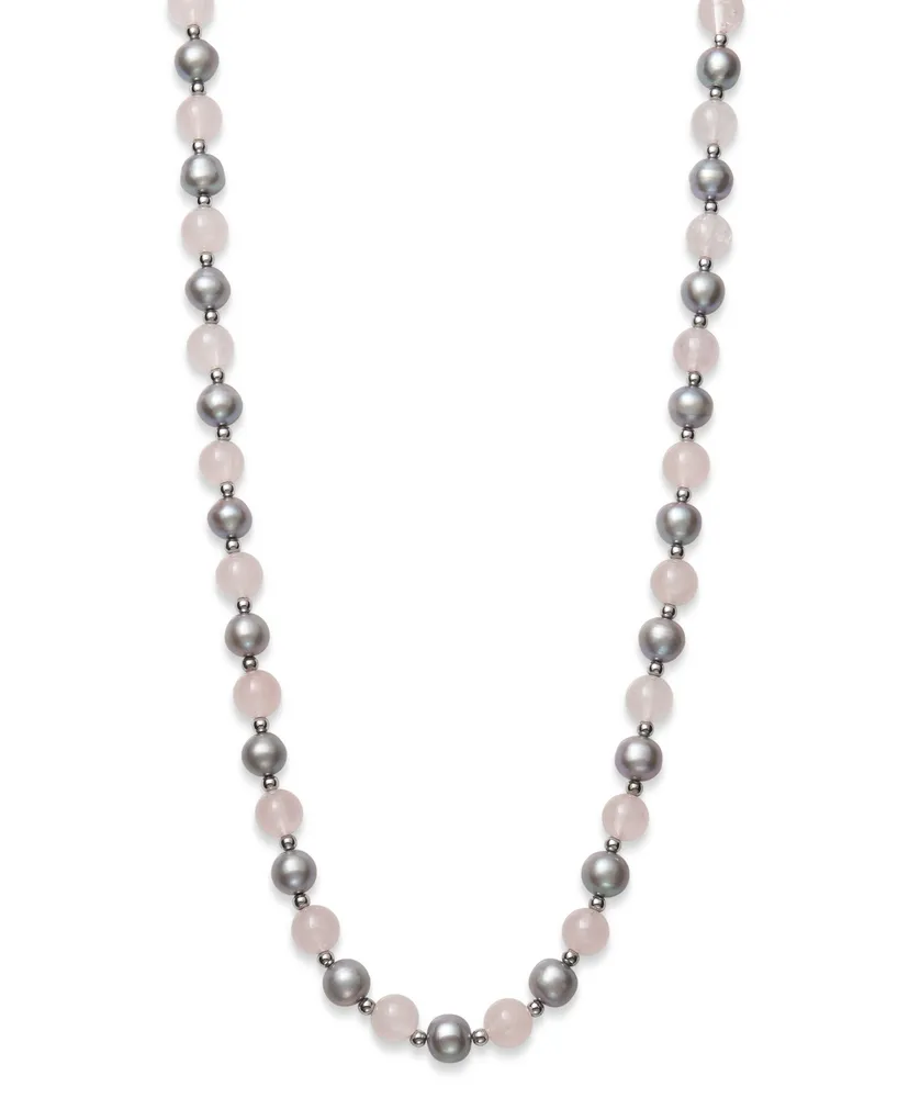 Gray Cultured Freshwater Pearl 7.5-8.5mm and Rose Quartz 8mm 18" Necklace with Sterling Silver Beads