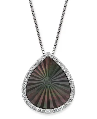 Black Mother of Pearl 15x13mm and Cubic Zirconia Pear Shaped Pendant with 18" Chain in Sterling Silver