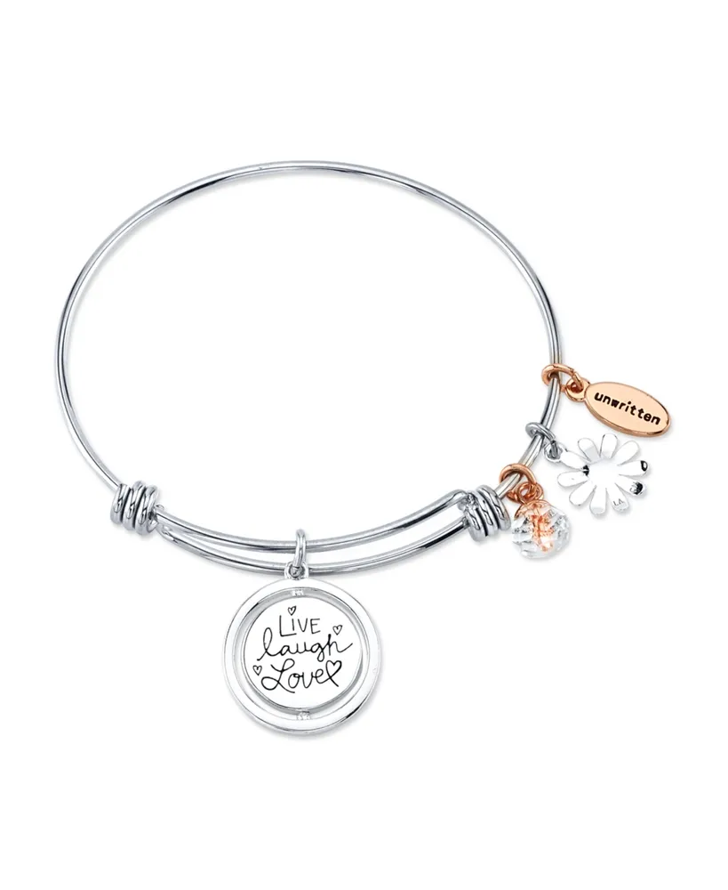 Unwritten "Live Laugh Love" Flower Bangle Bracelet in Stainless Steel & Rose Gold-Tone with Silver Plated Charms