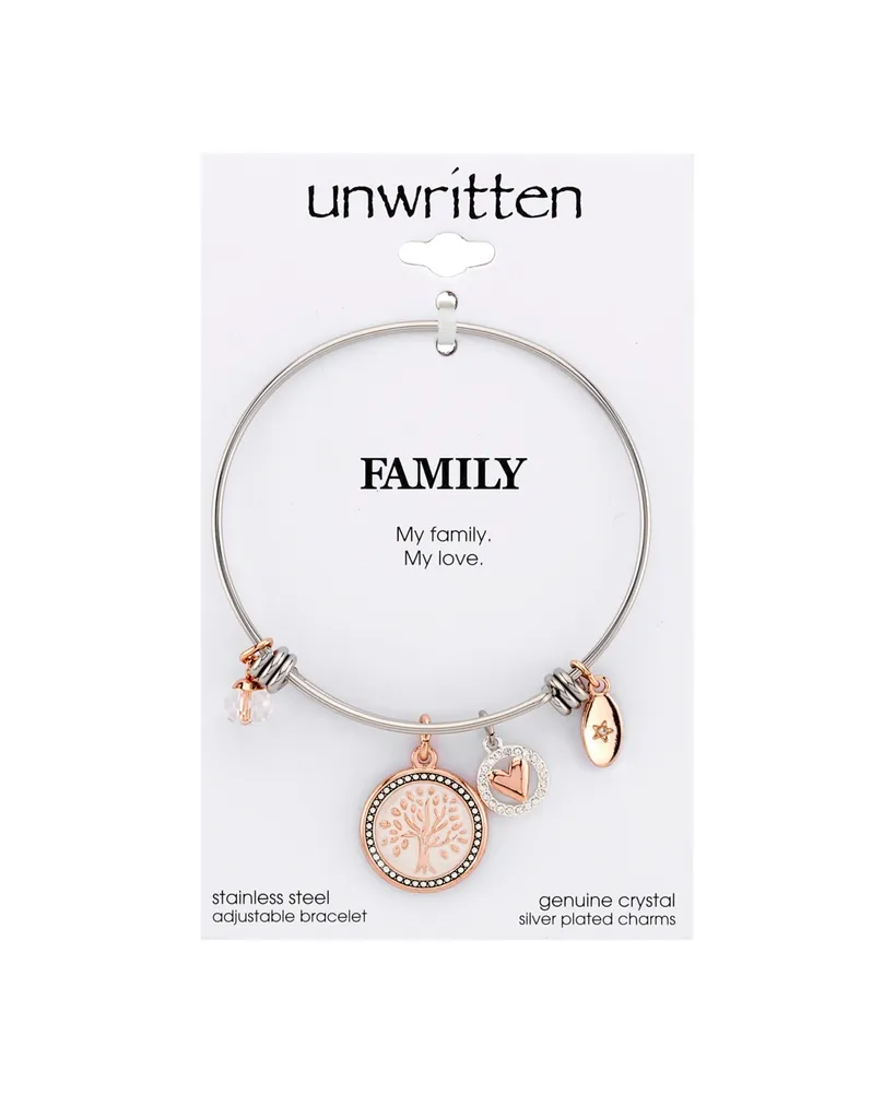 Unwritten "My Family, My Love" Family Tree Bangle Bracelet in Stainless Steel & Rose Gold-Tone with Silver Plated Charms