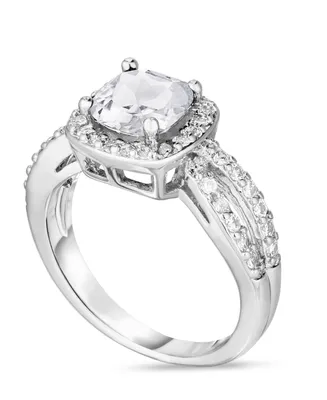 Simulated Birthstone Cushion Cubic Zirconia Halo Solitaire Ring Silver Plate