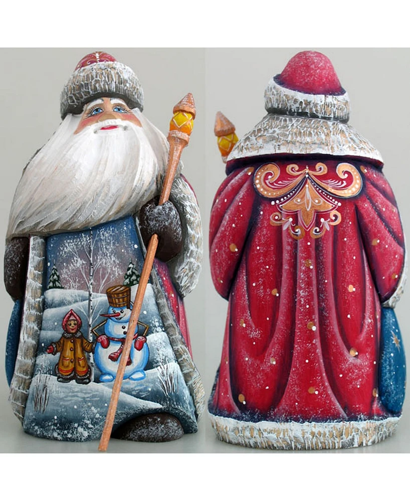 G.DeBrekht Woodcarved and Hand Painted Girl and Snowman Santa Figurine