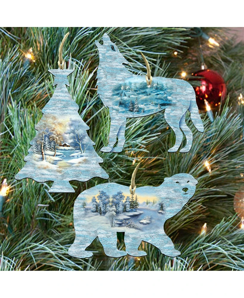 Designocracy Christmas Winter Wooden Ornaments Christmas Tree Polar Bear Wolf, Set of 3