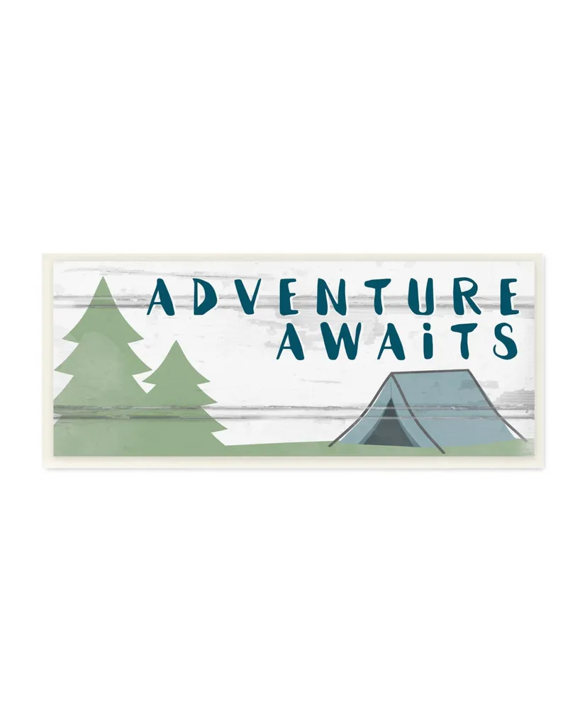 Stupell Industries The Kids Room by Stupell Adventure Awaits Camping Scene with Trees Planked Look Sign Wall Plaque Art, 7" L x 17" H