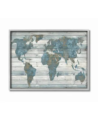 Stupell Industries Slate Blue and Tan Rustic Planked Look Weathered World Map Gray Framed Texturized Art, 16" L x 20" H