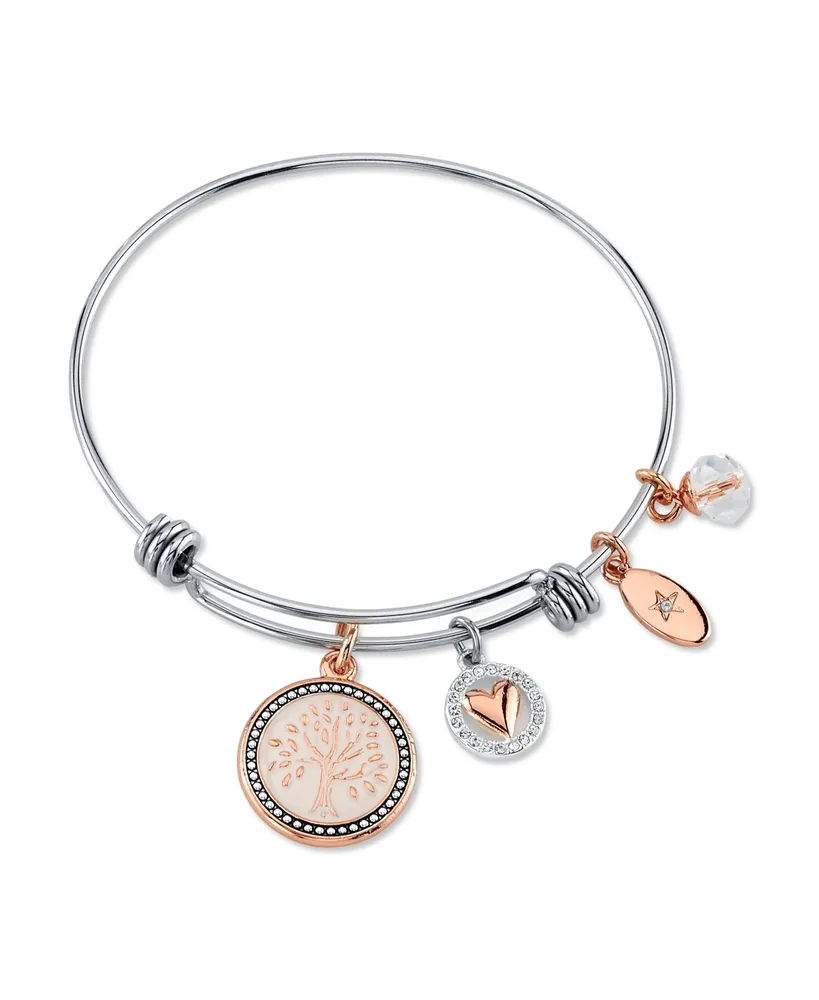 Unwritten "My Family, My Love" Family Tree Bangle Bracelet in Stainless Steel & Rose Gold-Tone with Silver Plated Charms