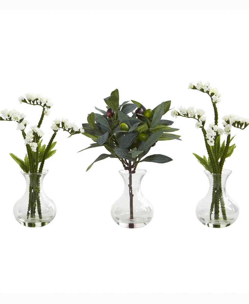 Nearly Natural 10in. Baby Breath and Olive Artificial Arrangement in Vase Set of 3