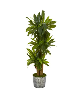 Nearly Natural 58in. Corn Stalk Dracaena Artificial Plant in Black Embossed Tin Planter Real Touch