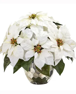 Nearly Natural 14in. Poinsettia Artificial Arrangement in Designer Silver Bowl