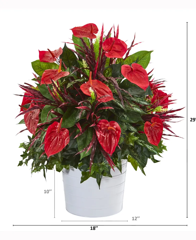 Nearly Natural 29in. Mixed Anthurium Artificial Plant in White Tin Planter