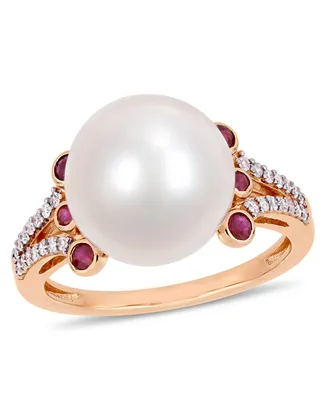 Freshwater Cultured Pearl (11-12mm), Ruby (1/5 ct. t.w.) and Diamond (1/7 Split Shank Ring 10k Rose Gold