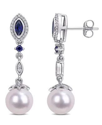 Freshwater Cultured Pearl (8.5-9mm), Created Sapphire (1/3 ct. t.w.) and Diamond (1/5 ct. t.w.) Drop Earrings in 10k White Gold