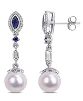 Freshwater Cultured Pearl (8.5-9mm), Created Sapphire (1/3 ct. t.w.) and Diamond (1/5 ct. t.w.) Drop Earrings in 10k White Gold