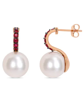 Freshwater Cultured Pearl (11-12mm) and Ruby (1/2 ct. t.w.) Drop Earrings in 10k Rose Gold