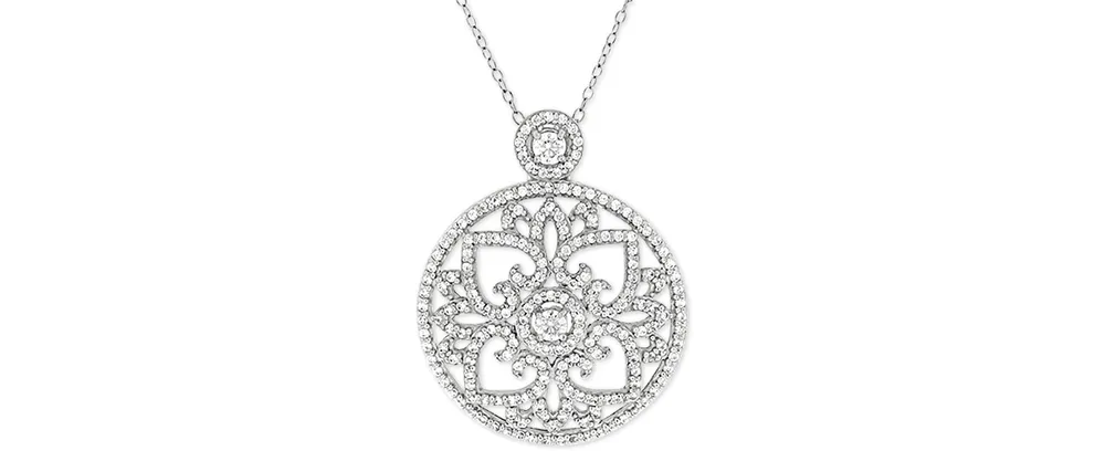 Cubic Zirconia Antique-Look Medallion 18" Pendant Necklace in Sterling Silver