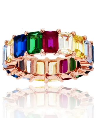 Rainbow Colored Emerald Cut Cubic Zirconia Eternity Band 14k Rose Gold Plated Sterling Silver
