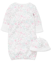 Little Me Baby Girls Cotton Floral Print Hat and Gown, 2 Piece Set