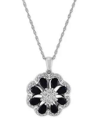 Onyx & Diamond (1/20 ct. t.w.) Floral Disc 18" Pendant Necklace in Sterling Silver