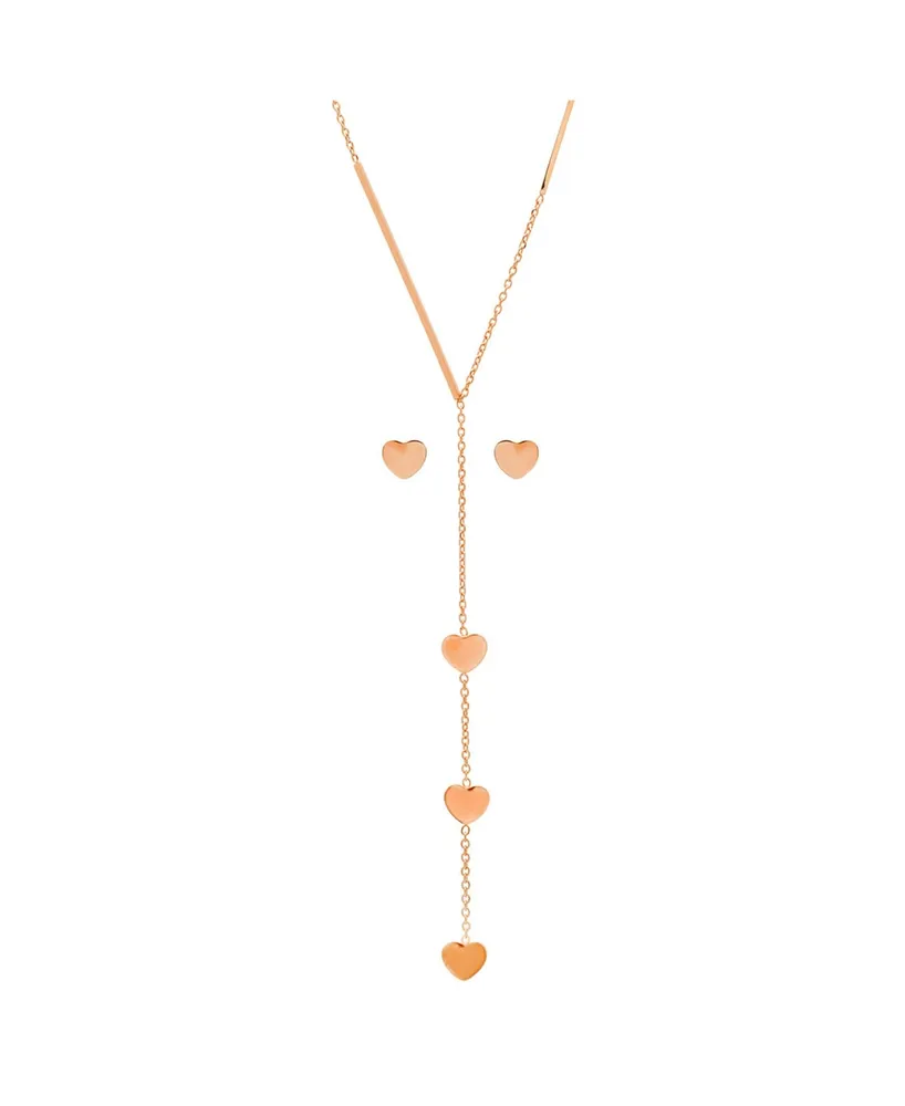 Steeltime Ladies 18K Rose Gold Plated Stainless Steel Heart Design Drop Necklace Set, 2 Piece - Rose Gold