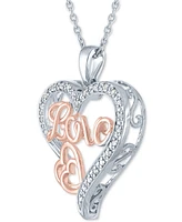 Diamond Love Heart Pendant Necklace (1/10 ct. t.w.) in Sterling Silver & 14k Rose Gold-Plate, 16" + 2" extender