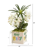 Nearly Natural 16in. Orchid Phalaenopsis and Cyperus Artificial Arrangement in "New Baby" Vase