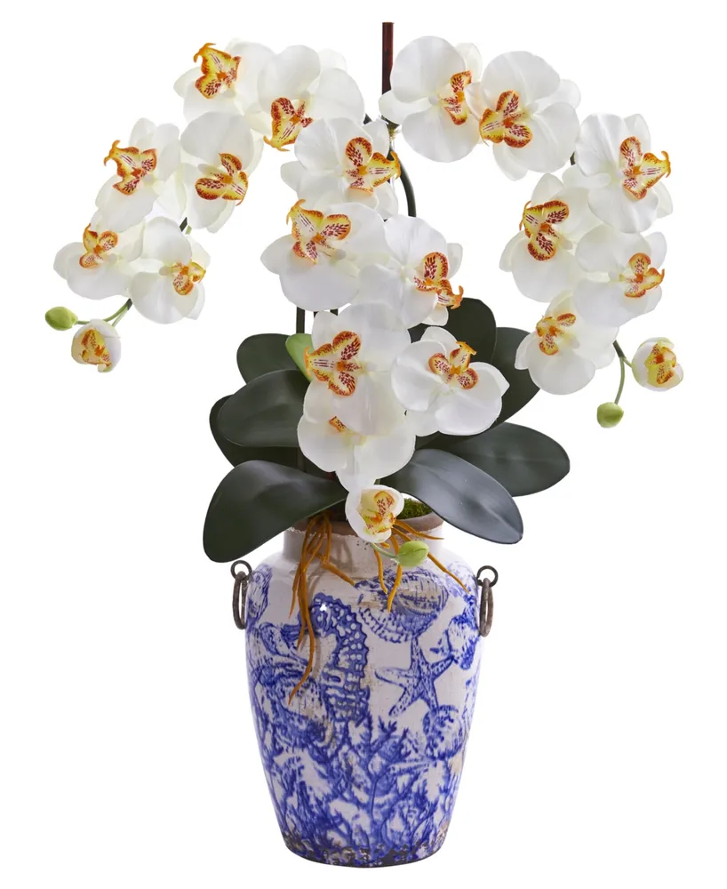 Nearly Natural 24in. Phalaenopsis Orchid Artificial Arrangement in Weathered Ocean Vase